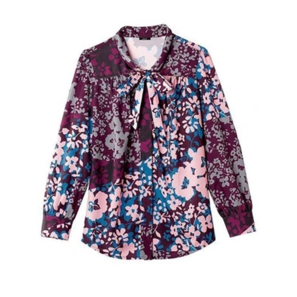 Floral‎ Patchwork style Tie Neck Blouse Long Sleeve Multicolor Top